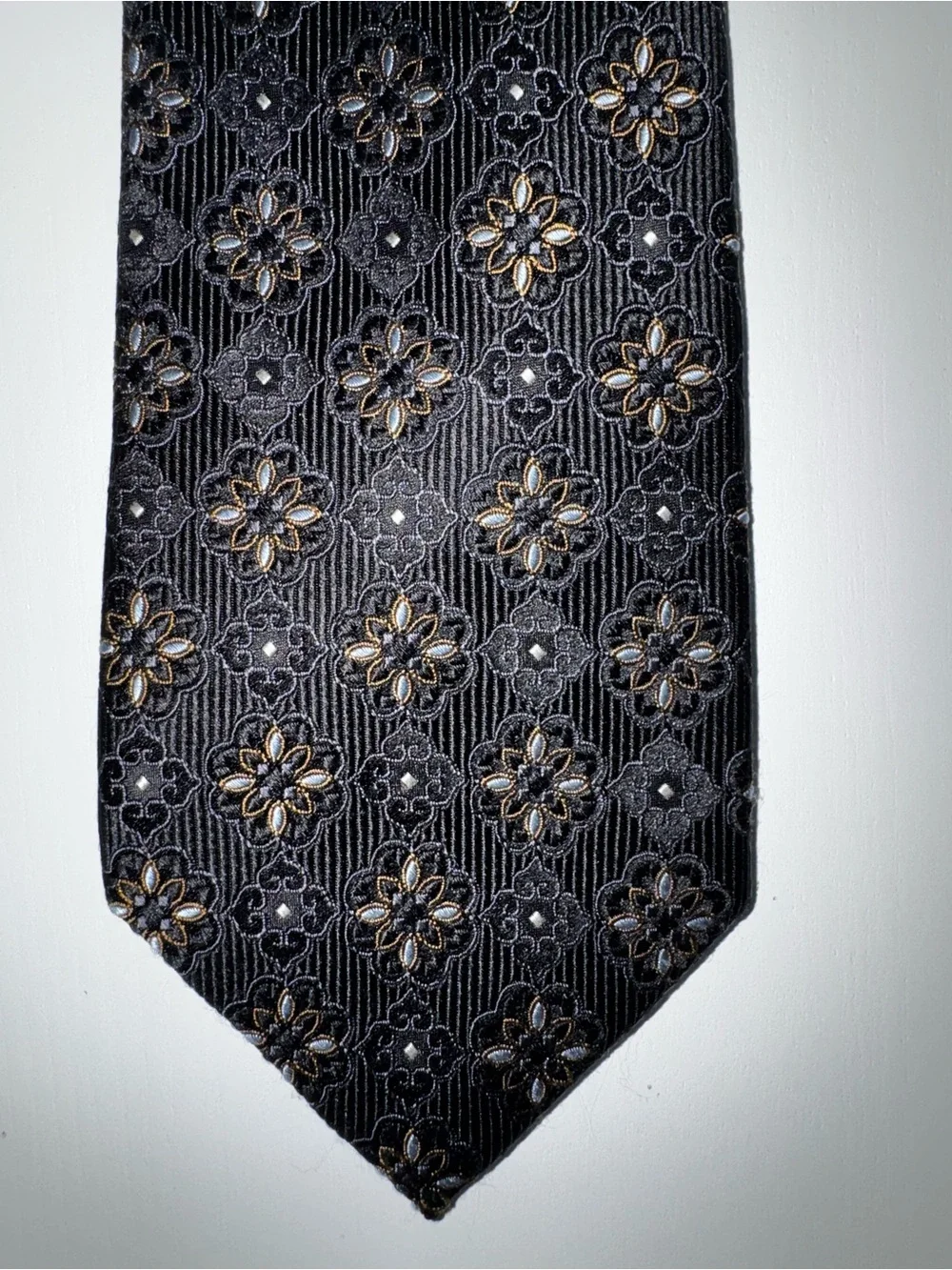Eagle Men's Woven 100% Silk Floral Pointed Tie Black Gold Blue Logo Handmade